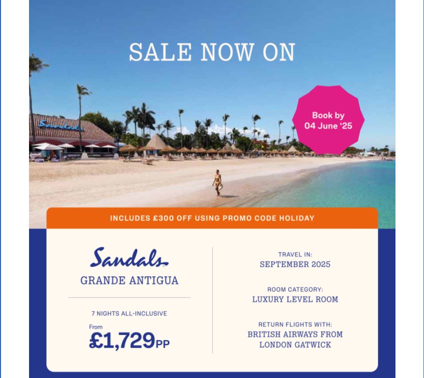 Luxury Caribbean holiday with Sandals Resorts from £2129pp 12 sandals resorts