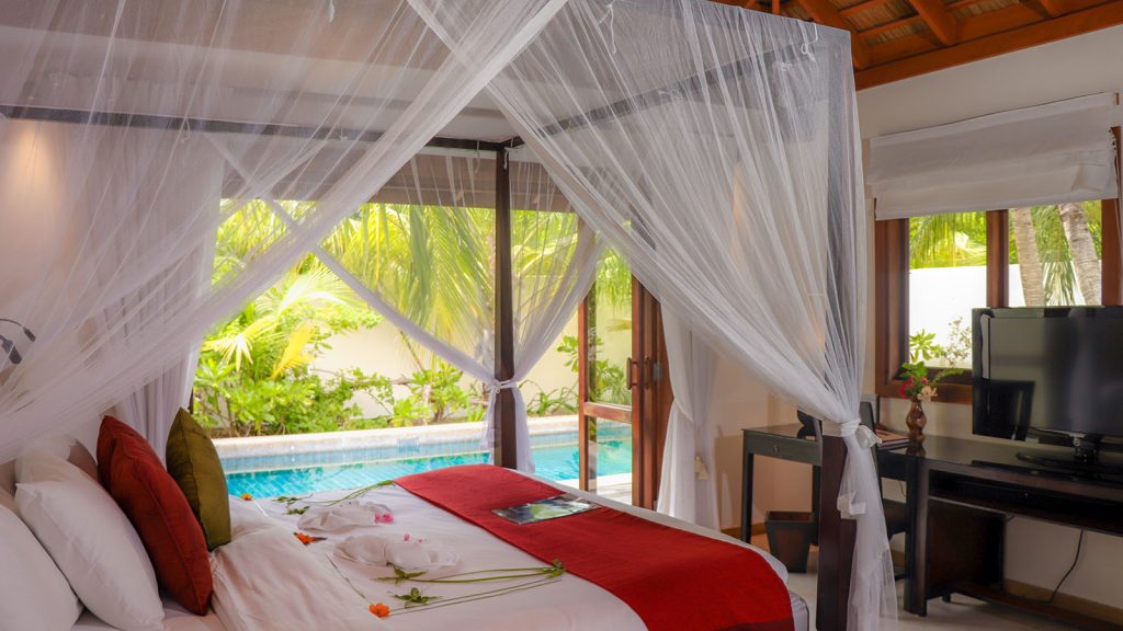 Luxury at Kuredu Maldives Resort & Spa – Your Gateway to Paradise From £2058.60pp 37 pool villa bedroom 1600 900 Louise and Scott at Hays Travel